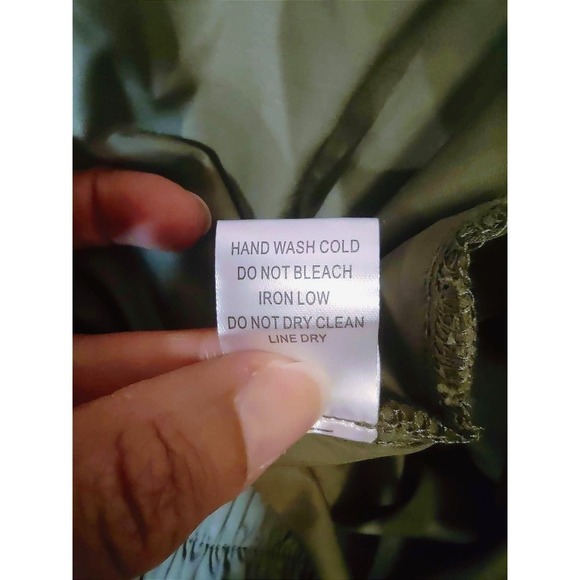 Olive Green Cotton Eyelet Maxi Skirt - Sheen Buttons Bow Tie Elastic Waist - S - Picture 12 of 13